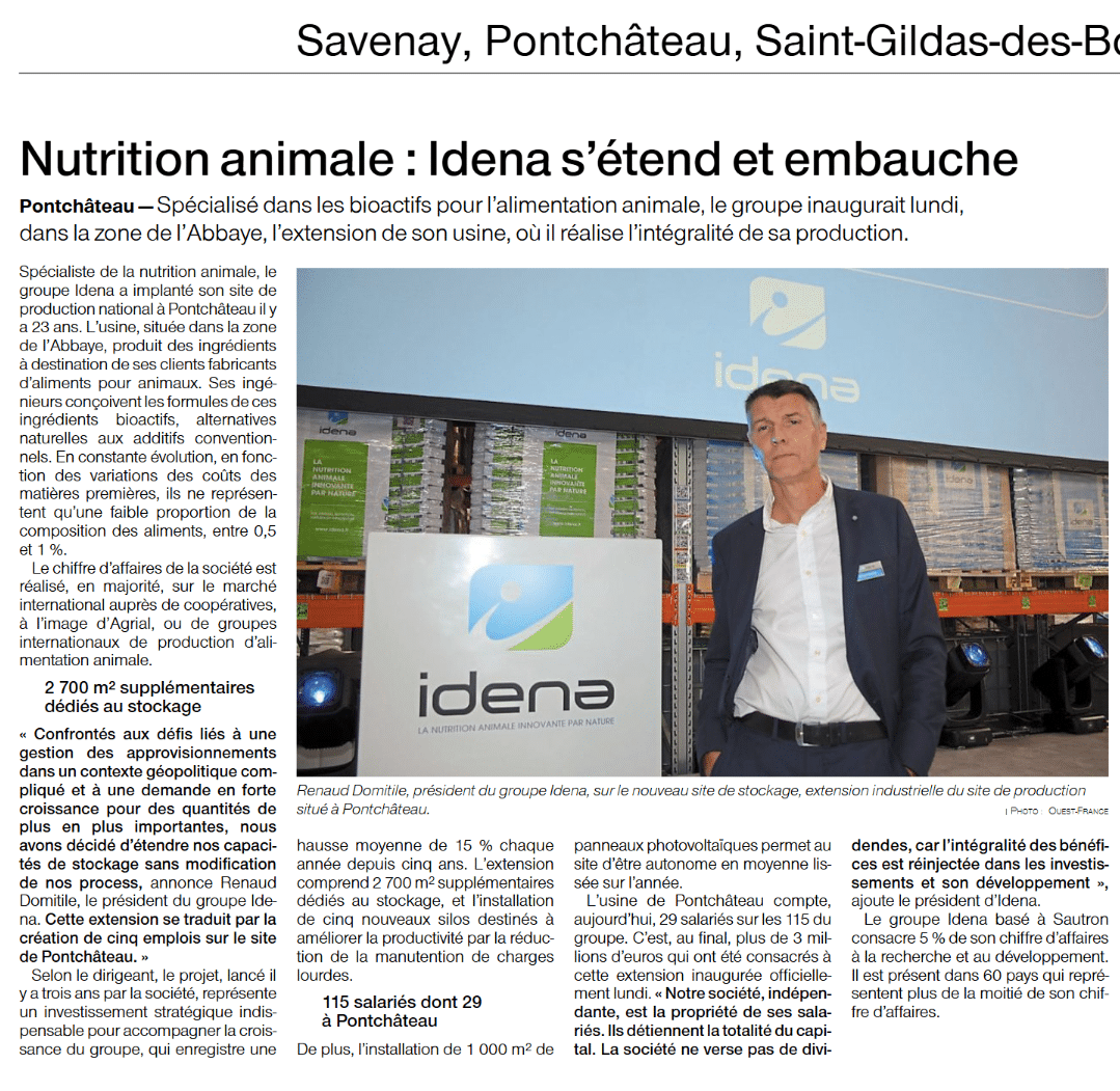 Article Ouest-France, inauguration extension usine IDENA, Septembre 2024. Renaud DOMITILE